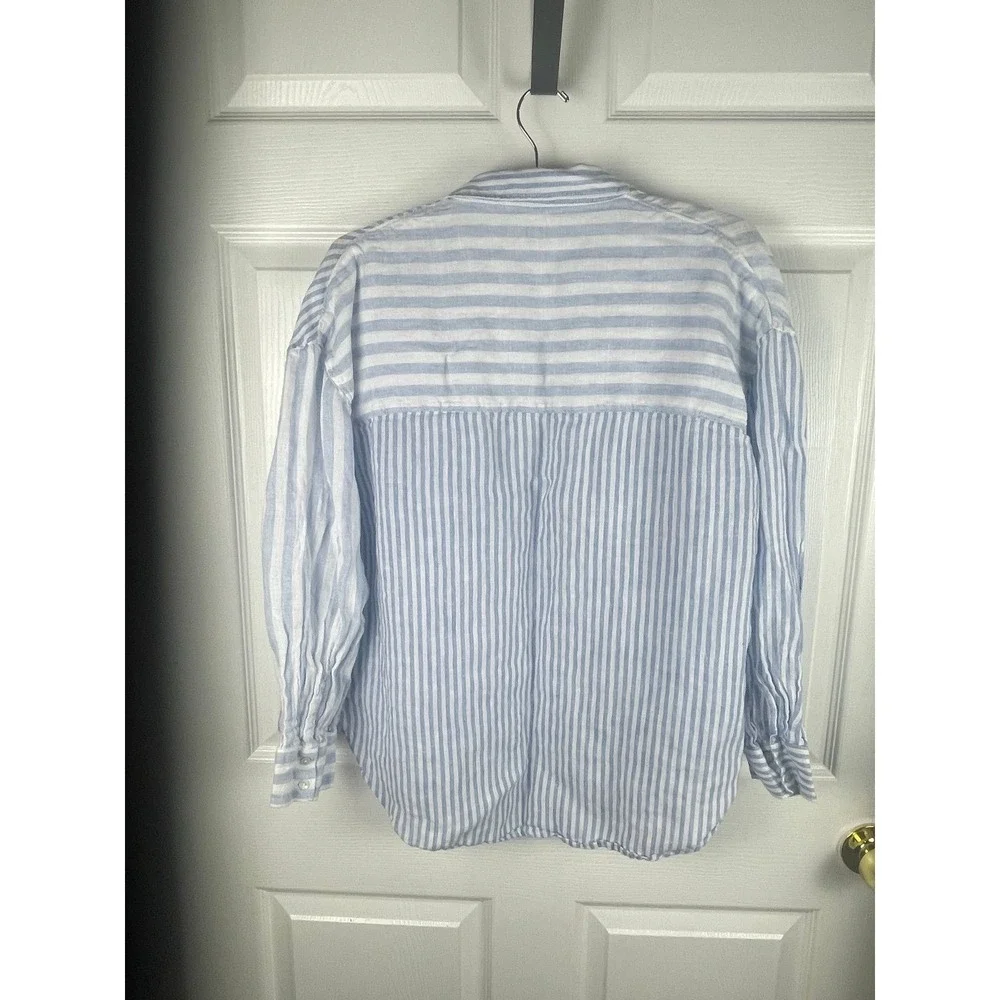 Nicole Miller Linen Blue White Stripe Button Shirt. coastal grandma preppy Beach - Picture 3 of 4